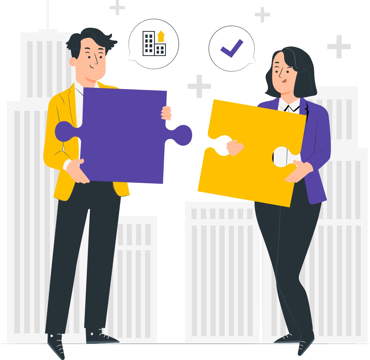 Dua orang membawa puzzle, melambangkan kolaborasi yang didukung video animasi 2D company profile.