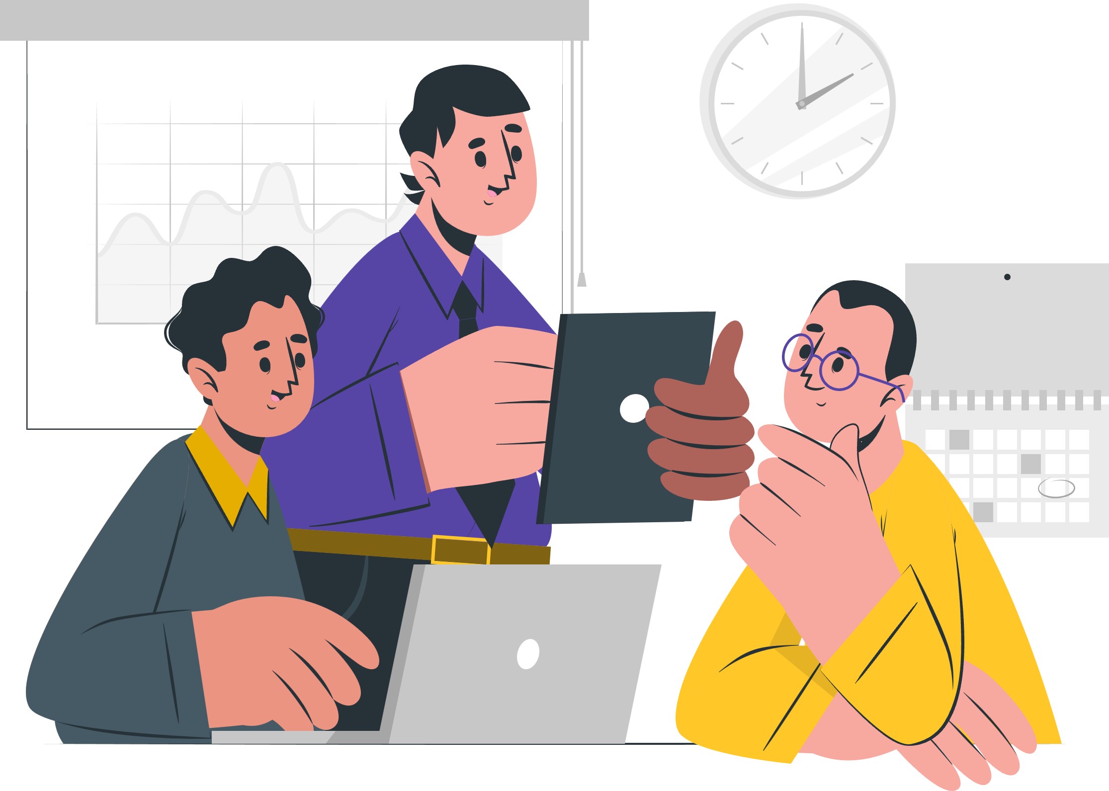 Ilustrasi dua karyawan berdiskusi sambil melihat laptop untuk memahami informasi internal perusahaan seperti SOP dan HR.