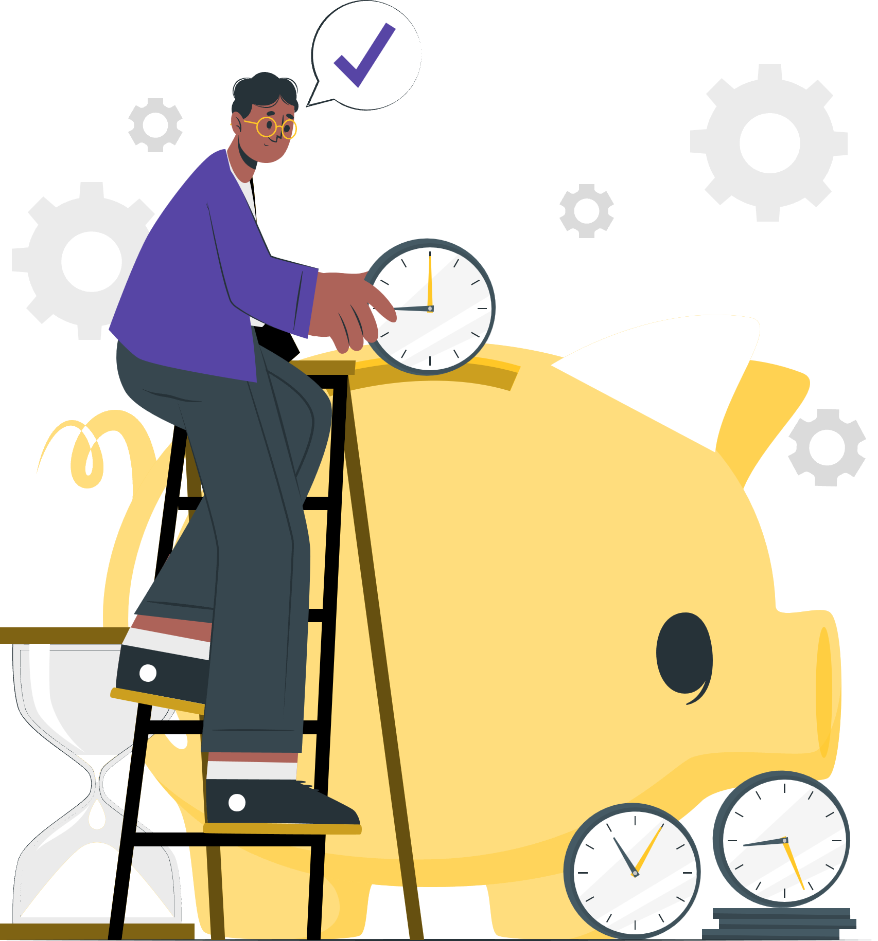 Ilustrasi orang menaiki tangga ke jam besar sebagai simbol penghematan waktu dalam pelatihan dan sosialisasi internal perusahaan.