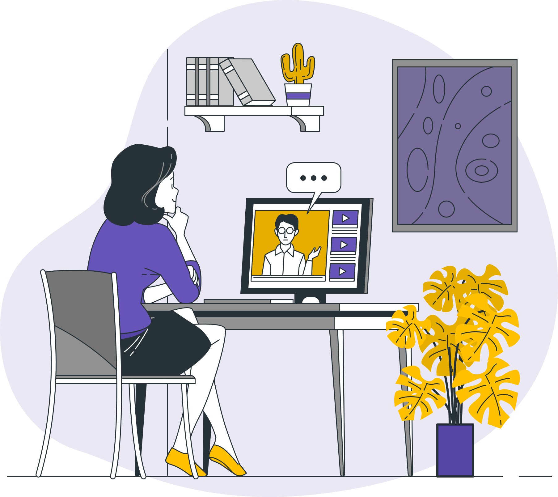 Ilustrasi karyawan menyimak materi dari layar komputer untuk meningkatkan keterlibatan dan pemahaman lewat video animasi internal.