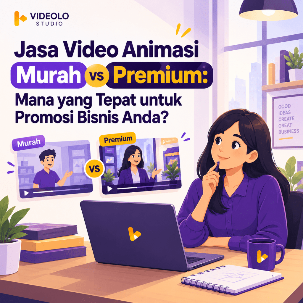 Jasa video animasi murah vs premium untuk promosi bisnis, menampilkan perbandingan kualitas video animasi dan karakter wanita sedang memilih layanan video animasi profesional dari Videolo Studio.