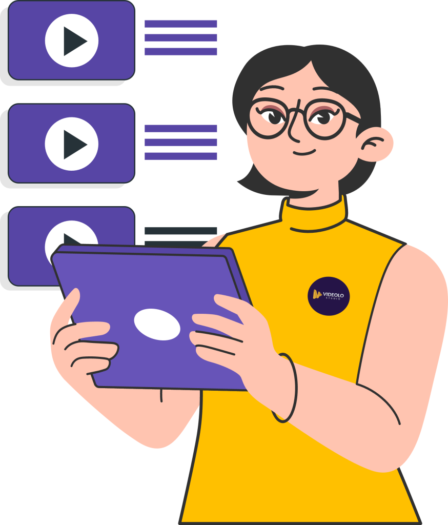 Jasa video animasi 2D profesional di beranda Videolo Studio dengan ilustrasi perempuan memegang tablet dan latar ungu elegan.