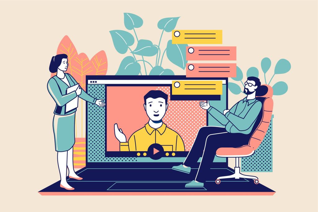 Ilustrasi tim perusahaan sedang menonton prentasi Video Animasi 2D Company Profile untuk menampilkan profil bisnis.