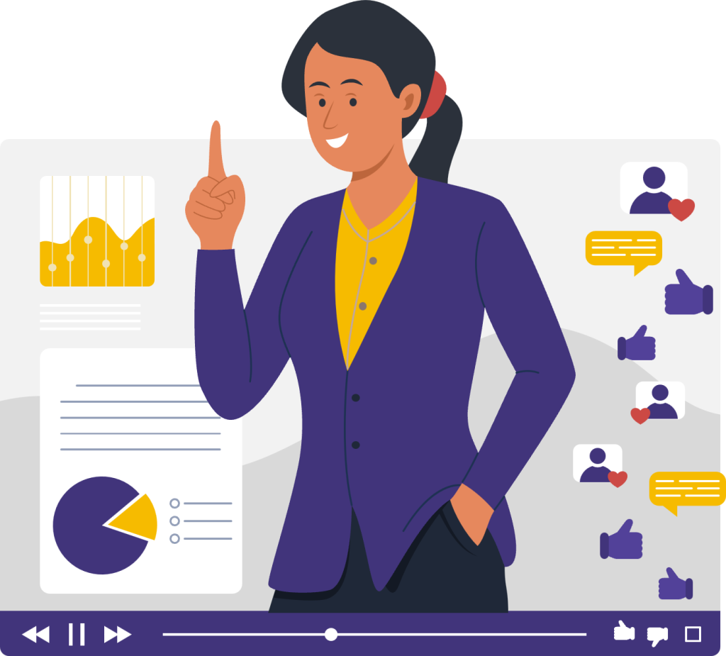 Ilustrasi perempuan sedang mempresentasikan grafik dan data di layar, menggambarkan manfaat video animasi explainer untuk menyederhanakan pesan kompleks secara visual.