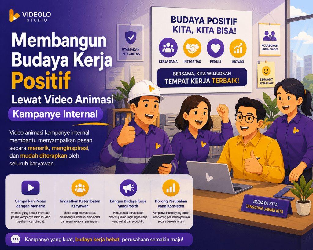 Tim kantor berdiskusi di ruang kerja modern, menggambarkan budaya kerja positif dan komunikasi internal perusahaan melalui video animasi kampanye internal.