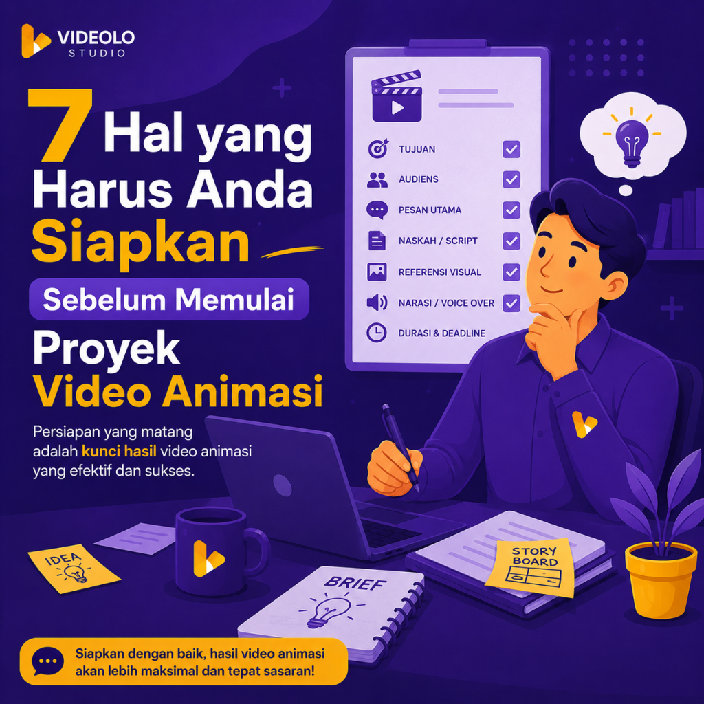 Diskusi klien dan tim kreatif yang meninjau dokumen untuk mempersiapkan proyek video animasi sebelum produksi dimulai.