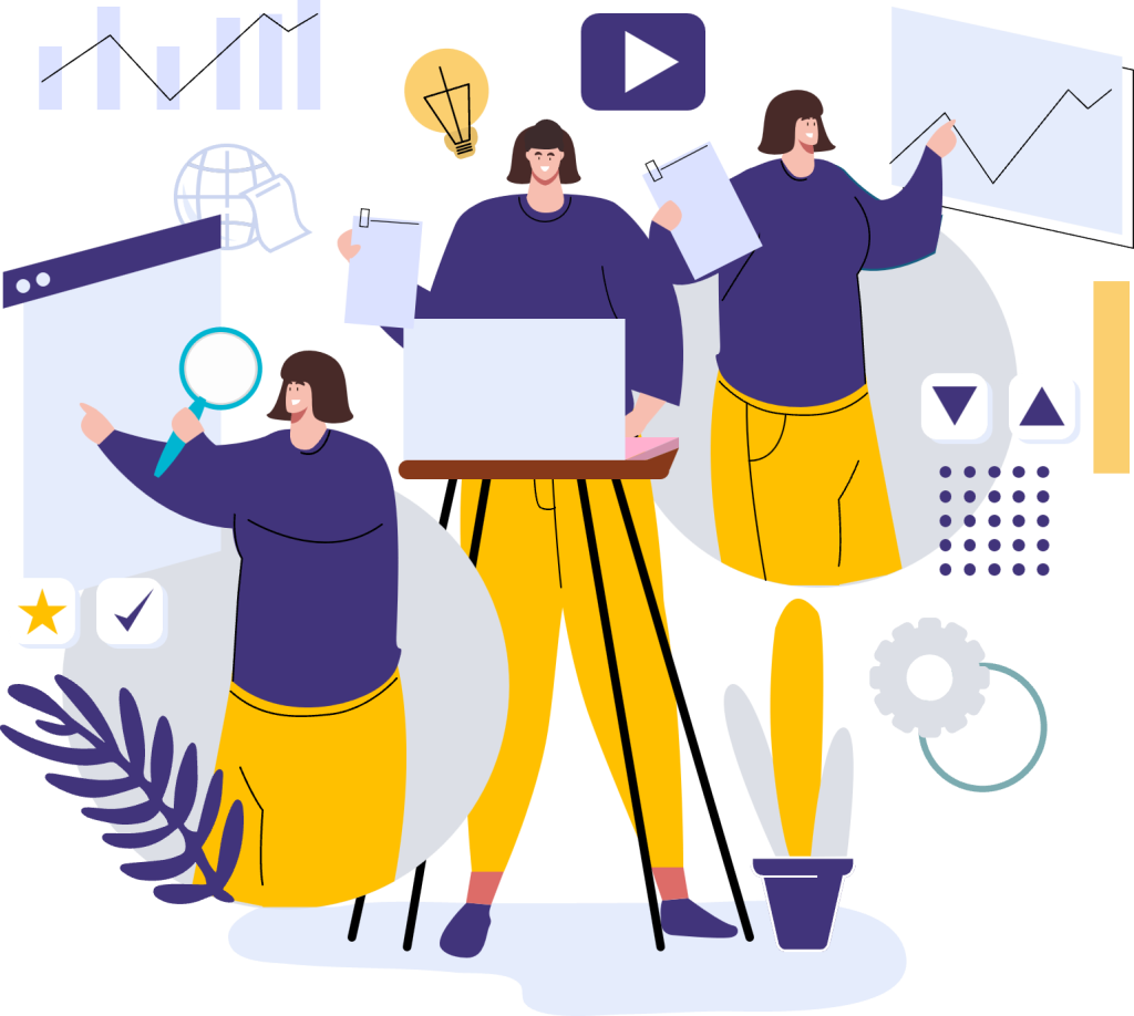 Ilustrasi tim kreatif sedang membuat media visual animasi untuk kebutuhan branding perusahaan.”