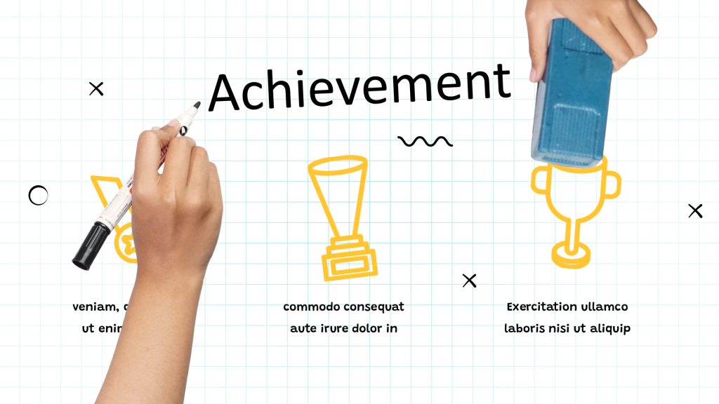 Ilustrasi video whiteboard explainer dengan tangan menggambar ikon piala dan tulisan achievement di papan tulis virtual.