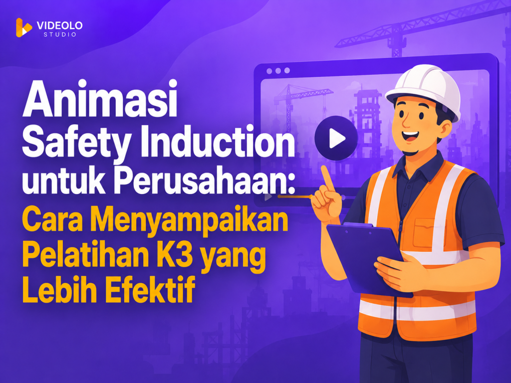 Animasi safety induction menampilkan pekerja konstruksi dalam pelatihan keselamatan kerja.