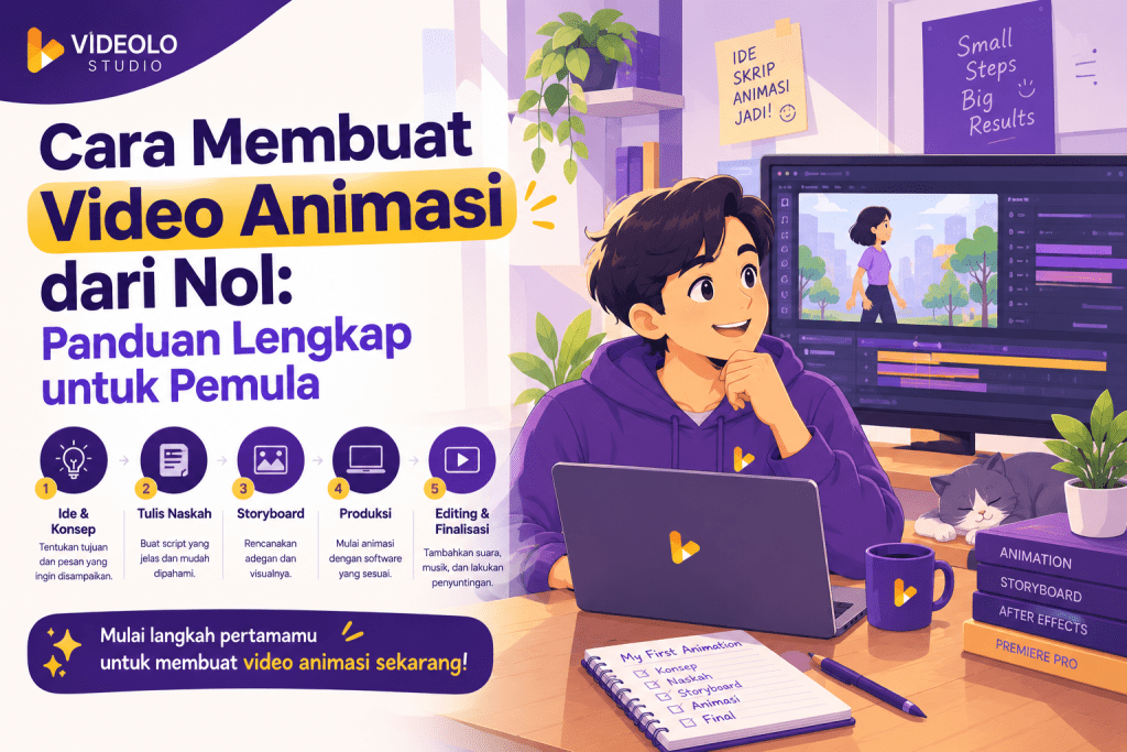 Cara membuat video animasi dari nol untuk pemula, menampilkan tahapan ide dan konsep, penulisan naskah, storyboard, produksi animasi, hingga editing dan finalisasi dalam ilustrasi 2D Videolo Studio.